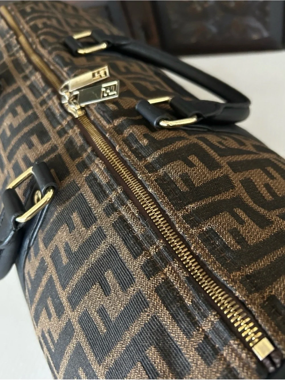 Fendi Brown Monogram Canvas Duffel with Black Trim